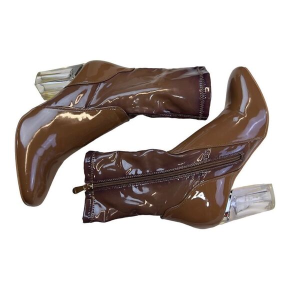 Cape Robbin Womens Patent Leather Clear Chunky Heels Ankle Bootie Brown Size 8.5 - Picture 4 of 11